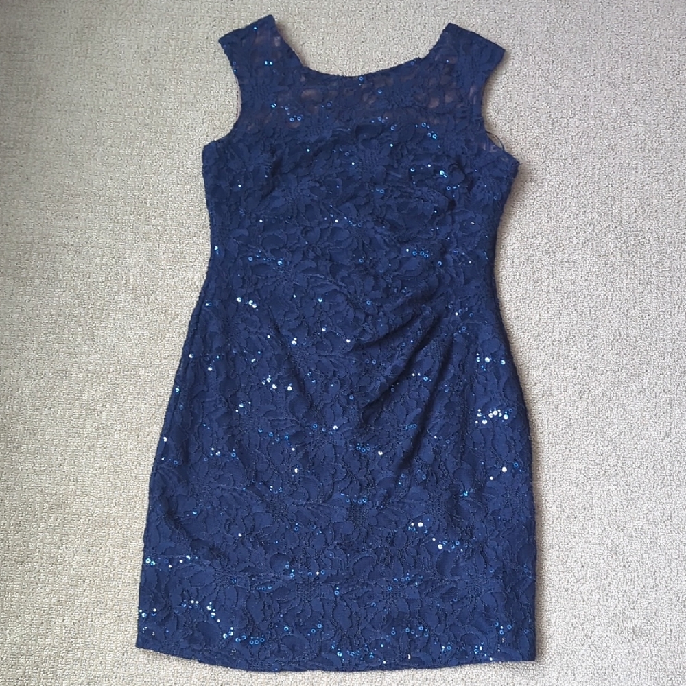 Scarlett Nite Navy Blue Tiered Lace Sequins Lined Fitted Sheath Dress